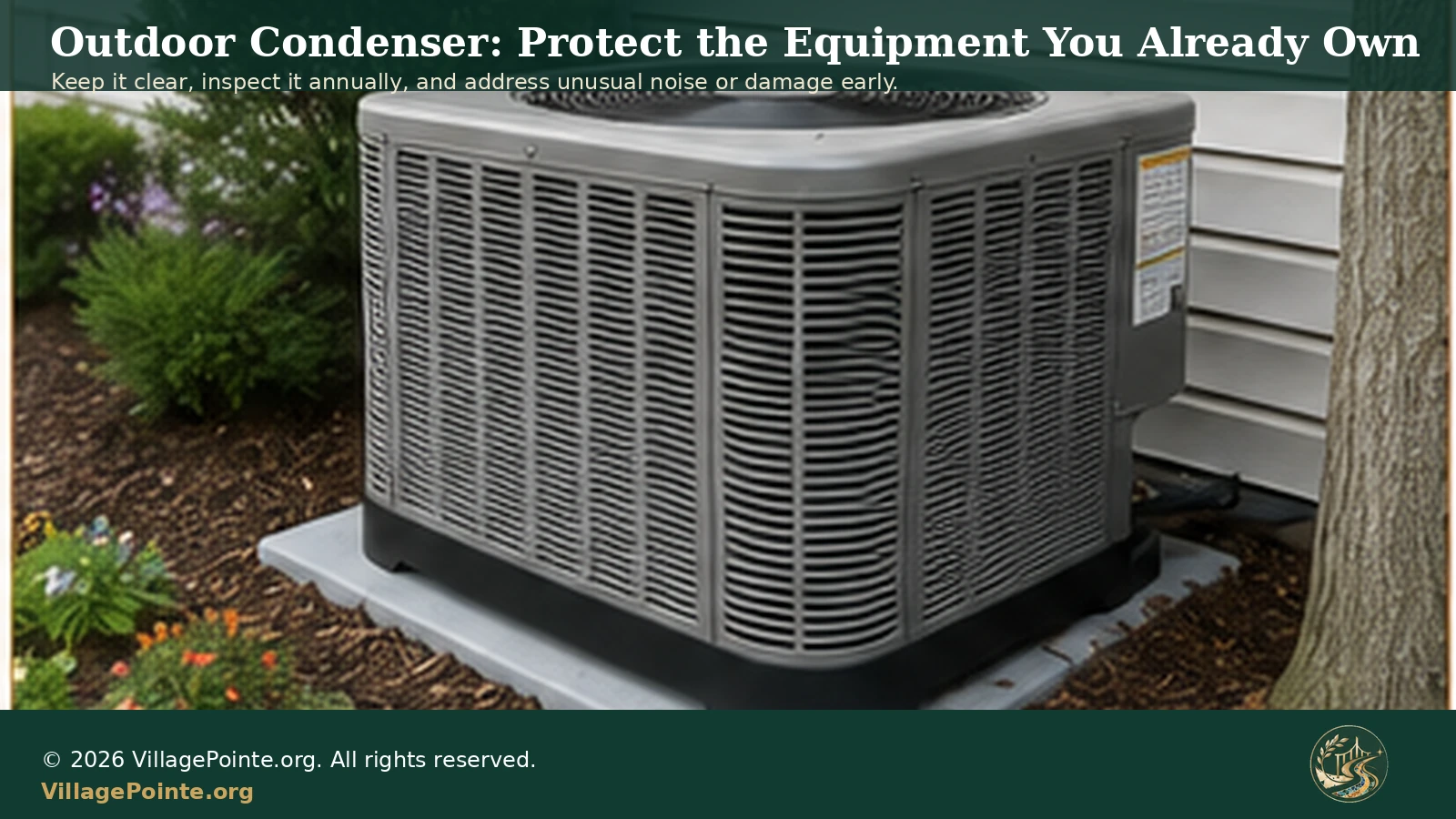 Outdoor residential central air-conditioning condenser with guidance to keep the unit clear and inspect it annually.